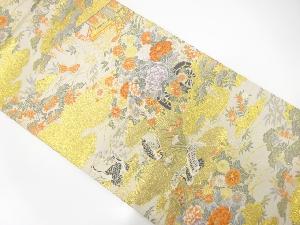 鶴に屋敷・花車模様織出し袋帯